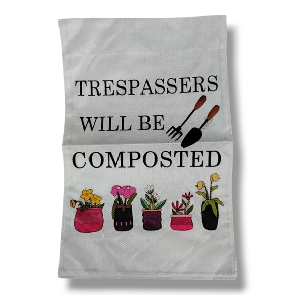 All Season Humorous Garden Flag - Cream with Black Text and Colorful Pots - Picture 1 of 14